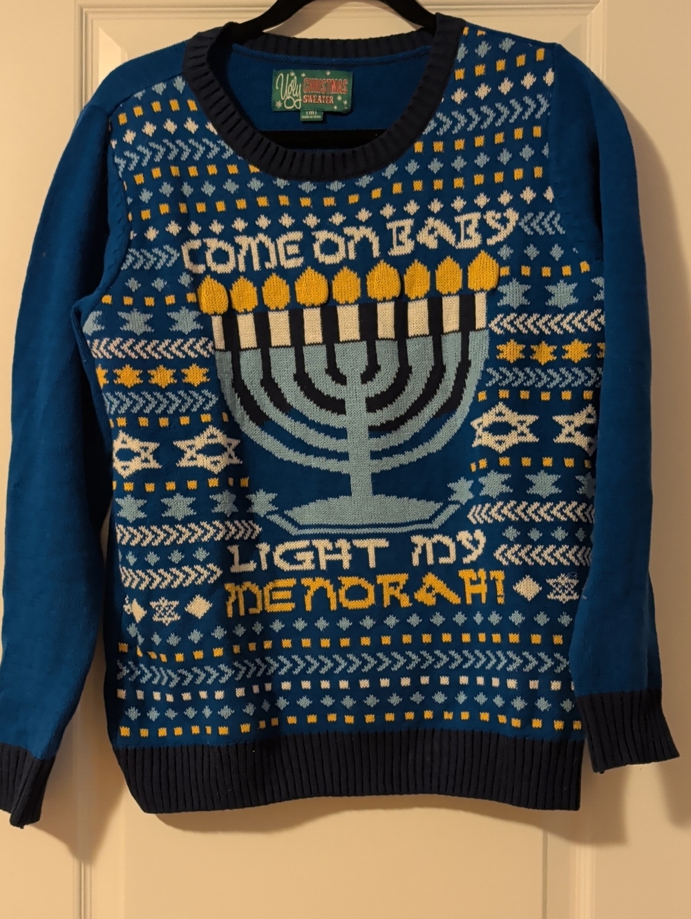 Blue Hanukkah Menorah Ugly Sweater - "Come On Baby Light My Menorah"
